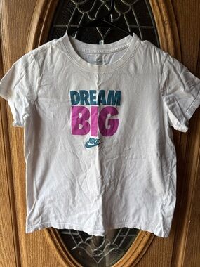Nike White Tee with Teal & Pink "Dream Big" Graphic